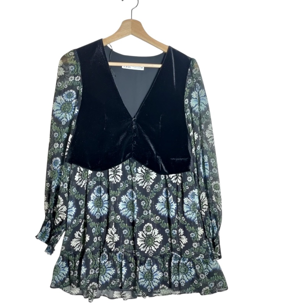 ZARA Floral Printed‎ Mini Velevt  Vest Dress Size Small Cottagecore Boho Hippie